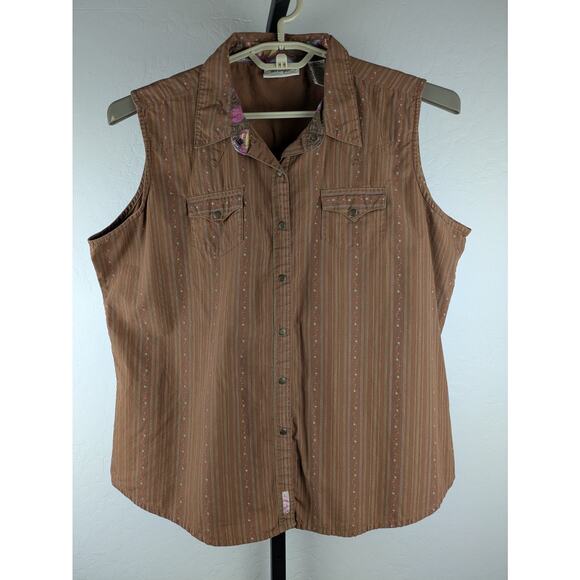Vintage Wrangler brown sleeveless metal snap front collared shirt - Picture 1 of 6